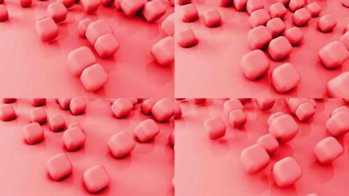 抽象3d形状红色立方体在柔软的表面上飞舞。4k渲染动画。循环录像。