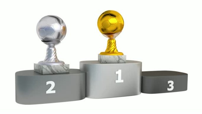 带有大理石底座的金银和青铜足球奖杯出现在领奖台上