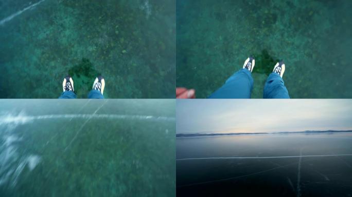 人在冰冻的湖上滑冰，享受大自然的冬季活动。