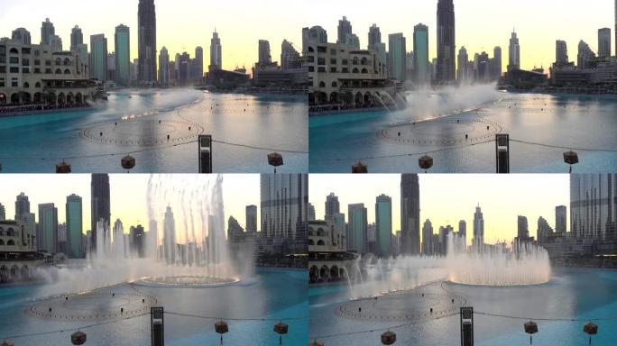 视频，迪拜著名的歌唱喷泉，日落时分的哈利法塔前，阿联酋迪拜，2019年2月10日