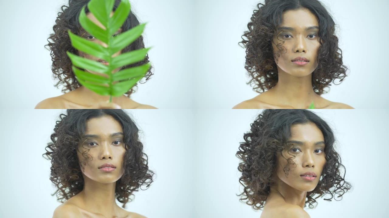 美丽的亚洲健康女性呈现有皮肤脸的树叶