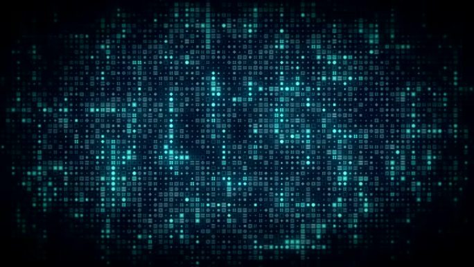 明亮的蓝色发光计算机符号出现在技术数据流网格上