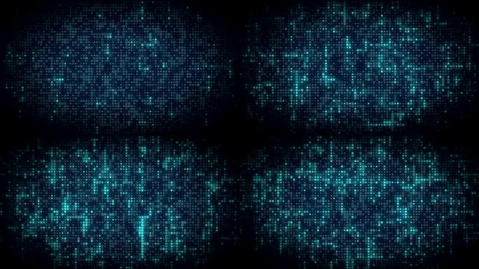 明亮的蓝色发光计算机符号出现在技术数据流网格上