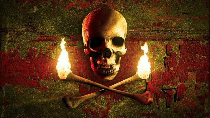 乔利·罗杰。海盗头骨和骨头像燃烧的火炬。循环