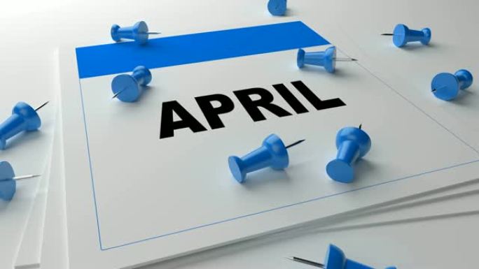 白色背景上的蓝色4月日历，蓝色别针