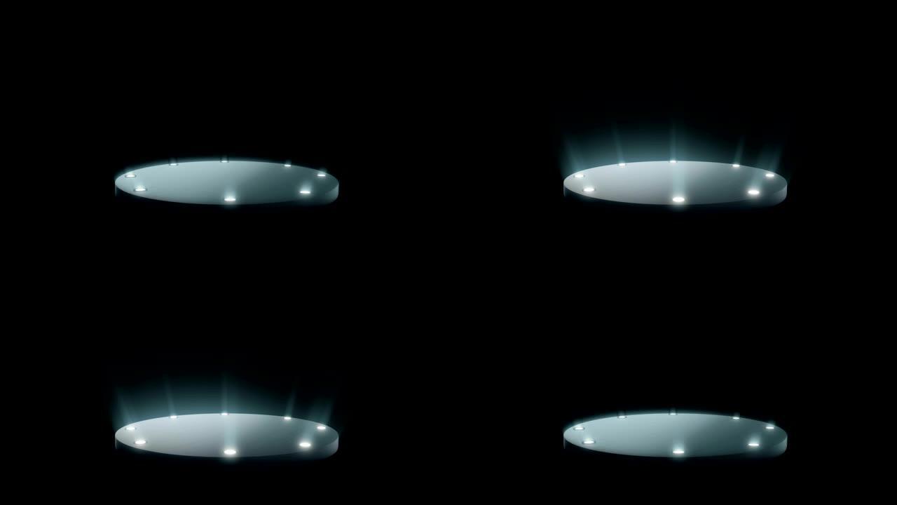 空的圆形讲台，基座或由音量聚光灯照亮的平台。黑色背景上的一组明亮的探照灯。数字3d动画。