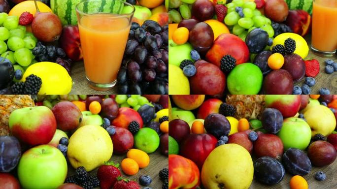 新鲜果汁和一束水果