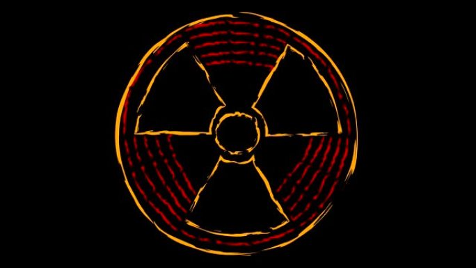 动画。辐射危险的迹象。图片的颜色会发生变化。红色、绿色和黄色线条。