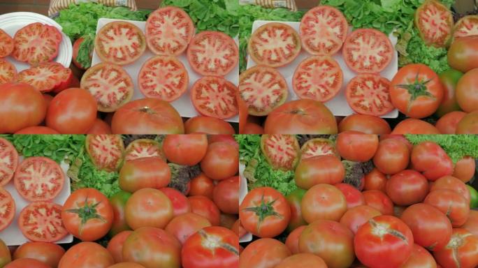 蔬菜水果商柜台上的西红柿和生菜