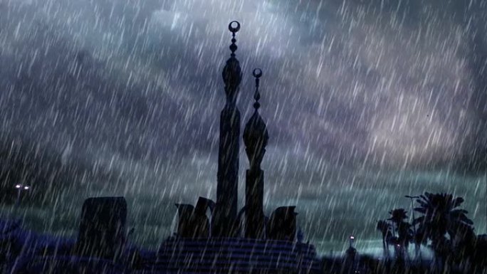 早晨，老吉达广场上的雕像上有大雨