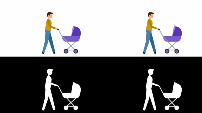 简笔画象形图男子与婴儿车角色平面动画一起行走