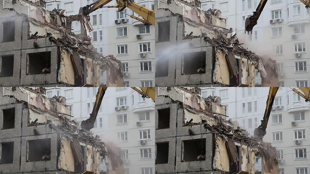 挖掘机机械正在拆除老房子