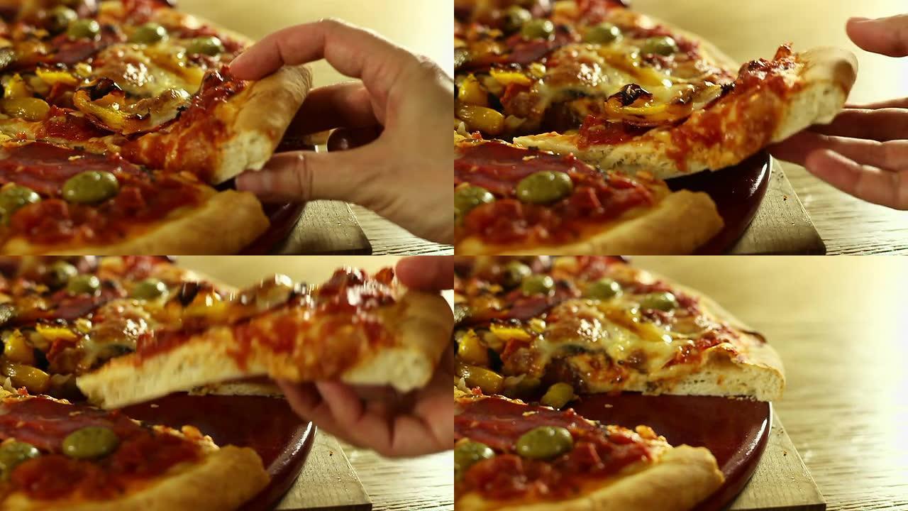 至尊披萨提起切片，慢动作