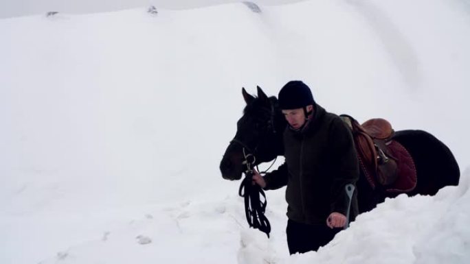 白雪皑皑的冬天，残疾男子骑师领跑，在路上牵着一匹黑马。男人有假肢而不是右腿。动物残疾人康复的概念。海
