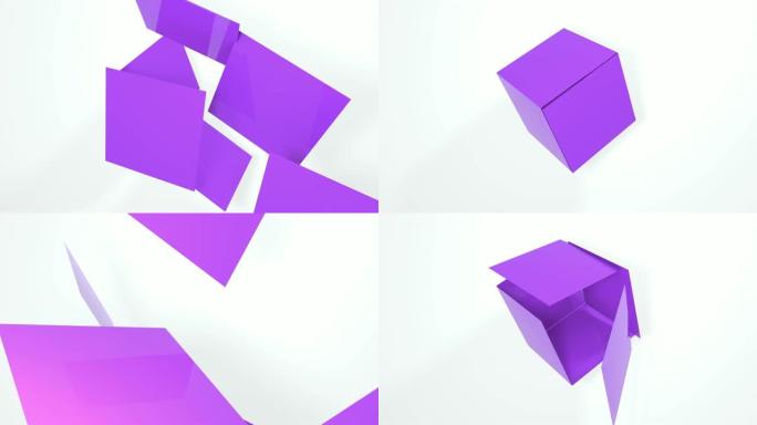 紫色立方体飞行的抽象3d动画。4k无缝循环镜头。