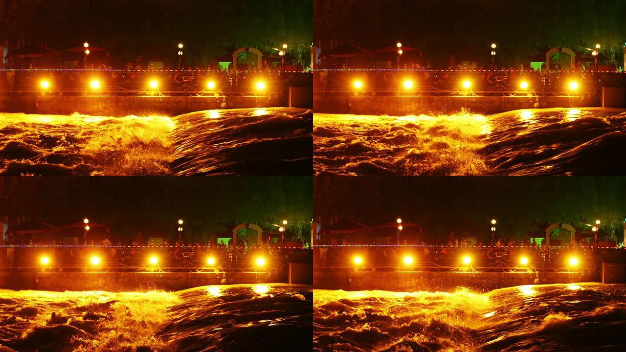 罗马，台伯河之夜的洪水，人工照明，4k镜头