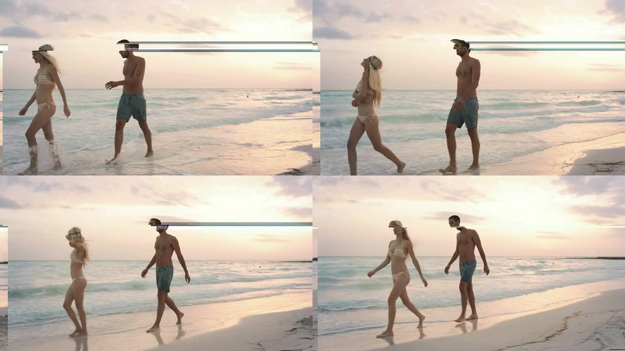 年轻男女情侣的侧视图在夏天日出或日落时享受并沿着海洋海滩海边散步 -- 万向节steadicam高清