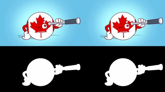 卡通图标旗帜加拿大看通过与阿尔法马特的脸部动画望远镜