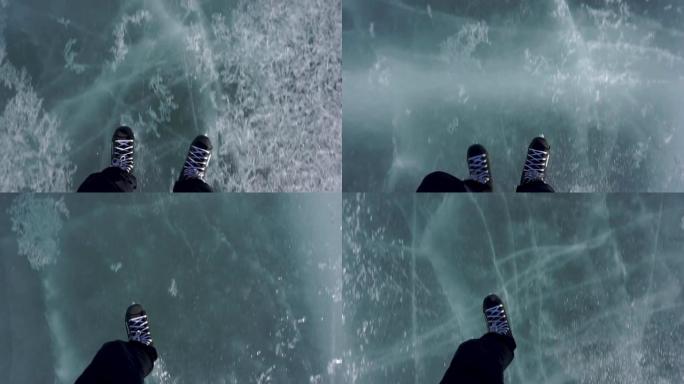 骑着溜冰鞋。在冰冻的湖上滑冰