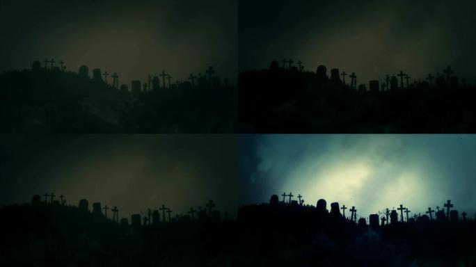 可怕的墓地雾和闪电风暴