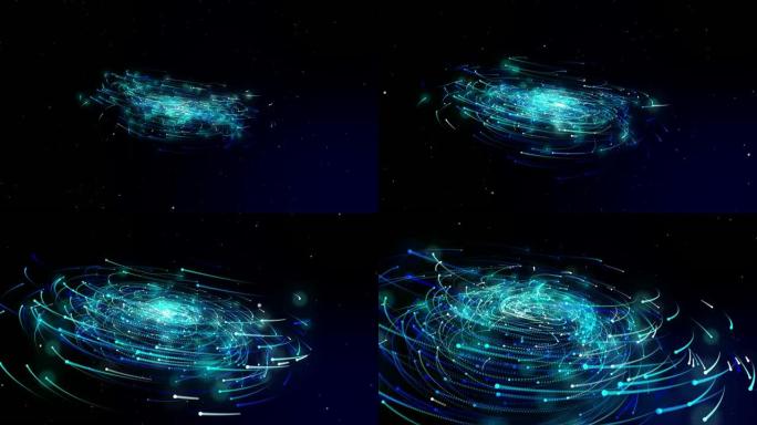 4k运动图形模拟暗底恒星的星系光运动，未来能源和数据技术的网络编程概念在蓝色主题中用于呈现抽象背景。