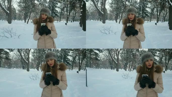 冬季公园4k使用智能手机的女人