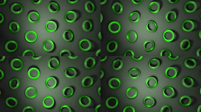 3D绿色玻璃圆环在黑暗表面旋转。抽象创意4k无缝循环动画。
