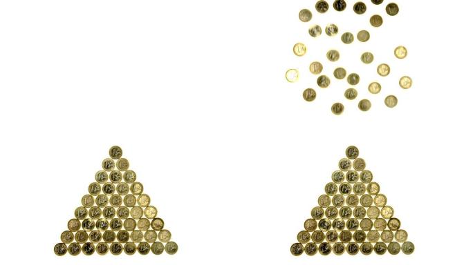 落下的 € 硬币创造了金色金字塔的形状 -- 停止运动动画