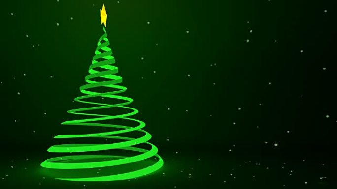 发光的绿丝带圣诞树设计和飘落的雪花，3D动画
