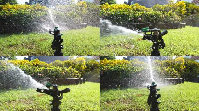 施普林格水系统用于浇灌花园中的植物，4k超高清慢动作。