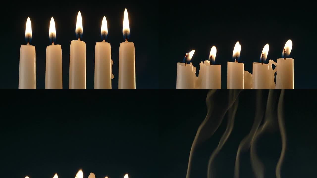 蜡烛快速燃烧和融化，特写镜头，延时