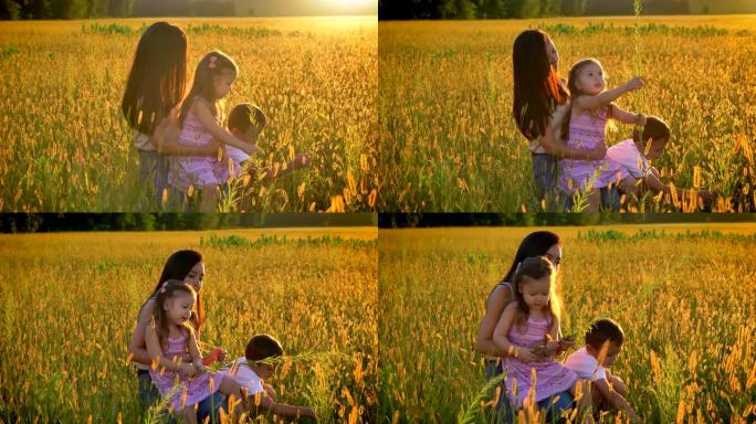 带孩子的亚洲妈妈夏天在田间散步，坐在小麦里，女儿坐在妈妈的腿上，家庭观念