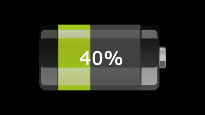 电池水平放置，正在充电。4K黑色背景前带变色和百分比显示的充电过程显示