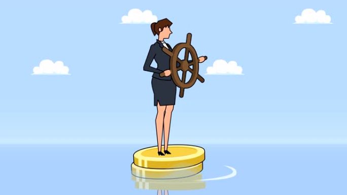 平面卡通女商人角色，掌舵轮漂浮在美元硬币上，商业控制概念动画