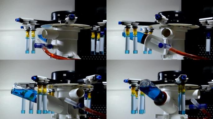蓝色溶剂医用药瓶分析装置的轨道视频
