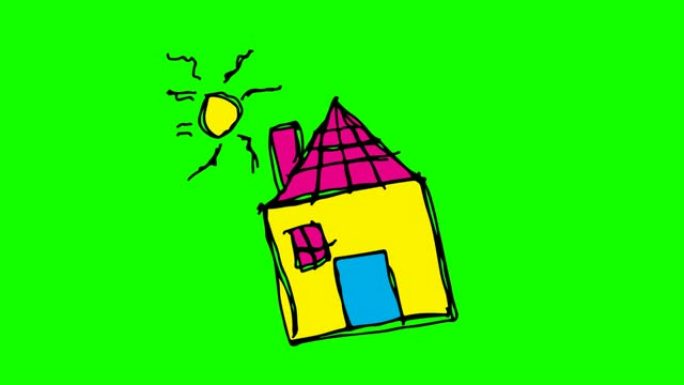 孩子们画以房子为主题的绿色背景