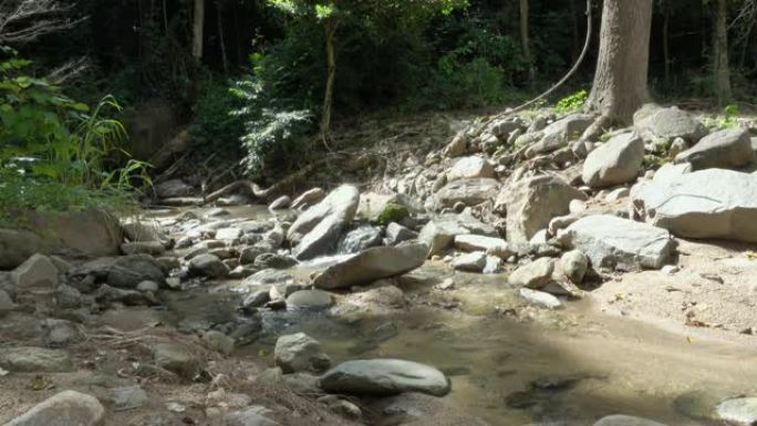 4k慢速多莉拍摄森林溪流在岩石上奔跑。在阳光下，从山上绿树之间的岩石上的小溪瀑布中清除淡水。