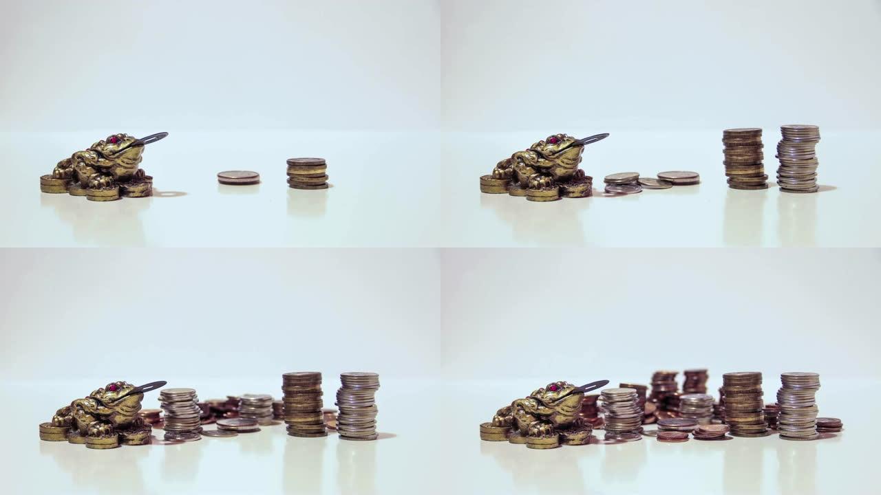 象征财富和繁荣的青蛙，硬币的增长