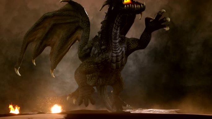 沙漠中的一条愤怒的大龙正在与敌人作战。3D动画幻想背景。