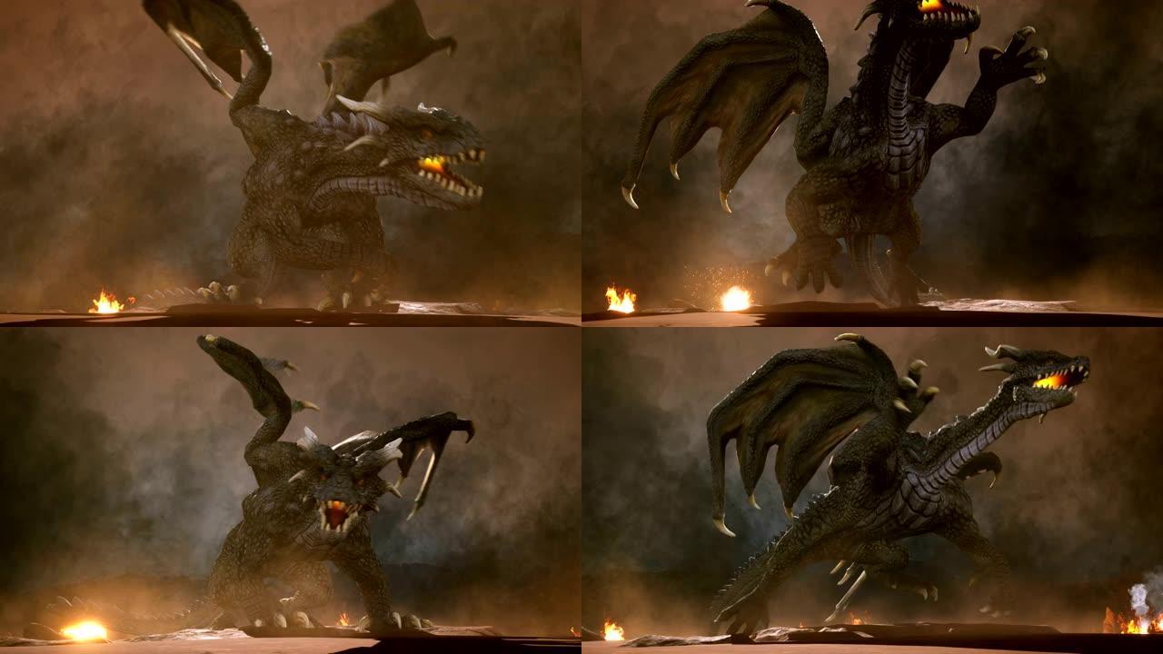沙漠中的一条愤怒的大龙正在与敌人作战。3D动画幻想背景。