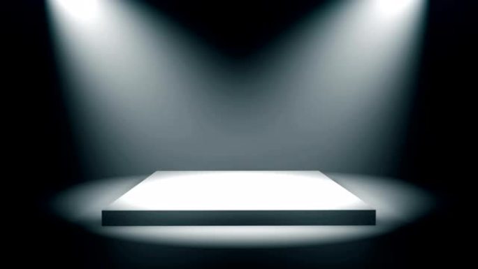 空的方形讲台，基座或由音量聚光灯照亮的平台。黑色背景上的一组明亮的探照灯。数字3d动画。