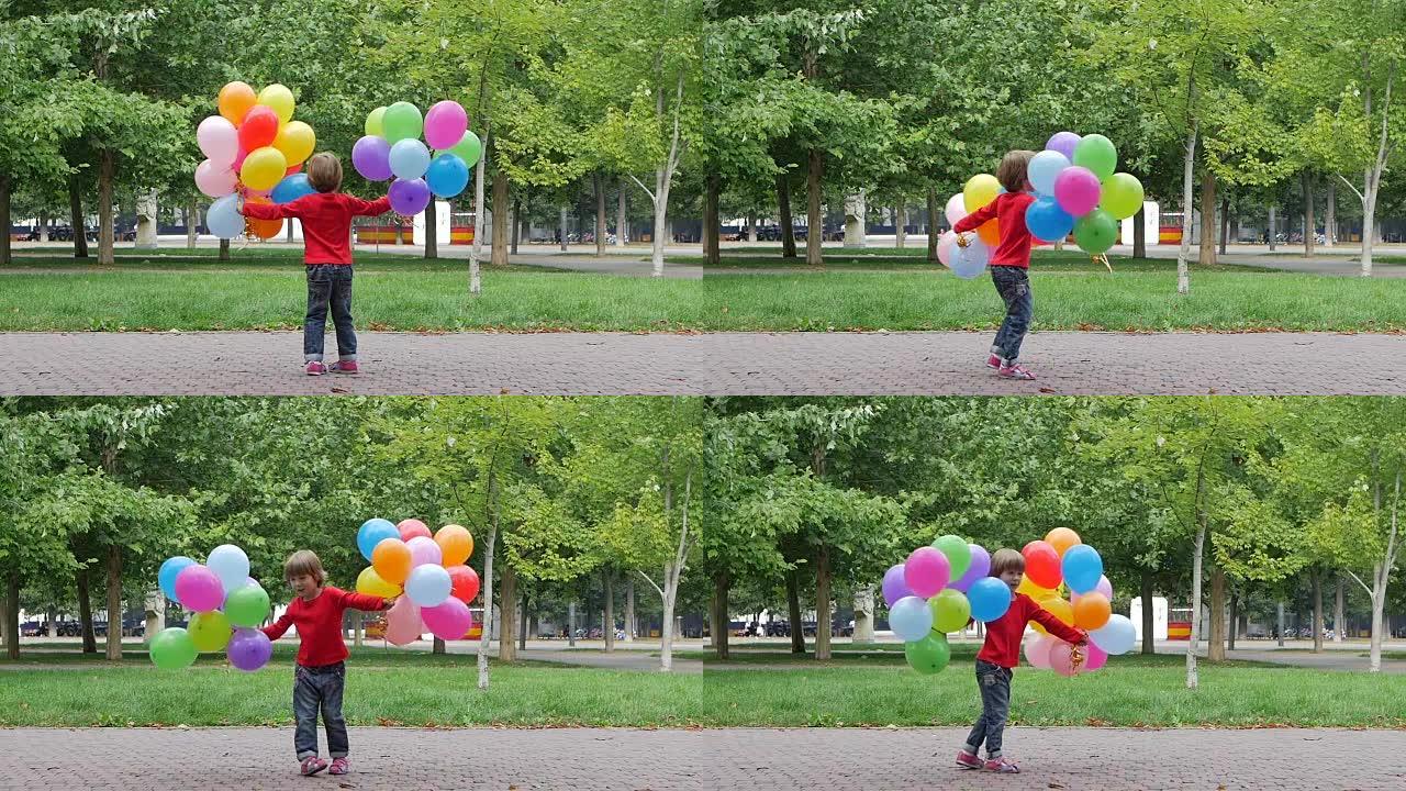 小女孩玩彩色气球，慢动作