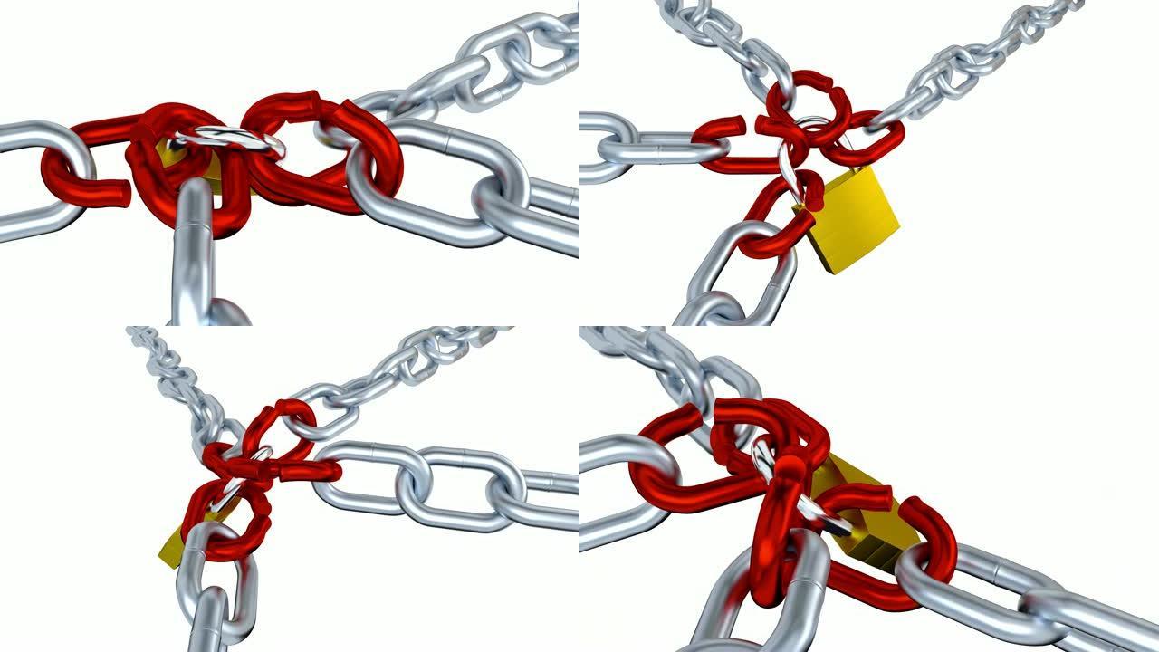 一个挂锁锁住四个金属链与四个红色强调链接，缩放效果无限旋转