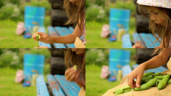 小女孩在花园里吃豆