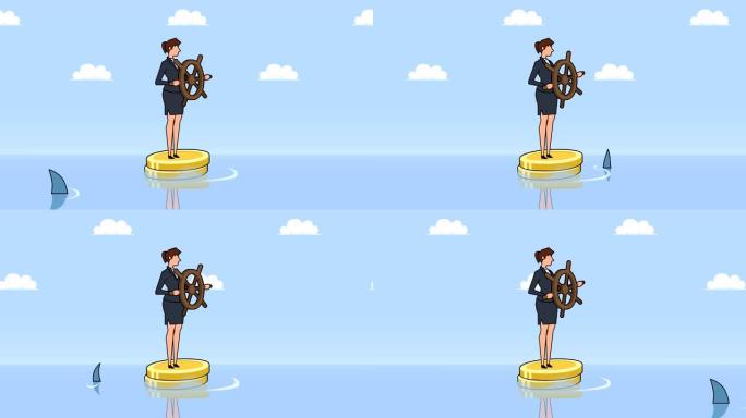 平面卡通女商人角色，掌舵轮漂浮在鲨鱼企业控制概念动画附近的美元硬币上