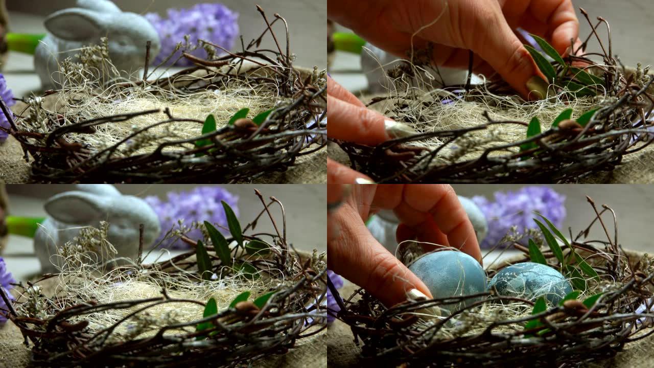 雌性手将剑麻和绿色的树枝放在复活节巢中。