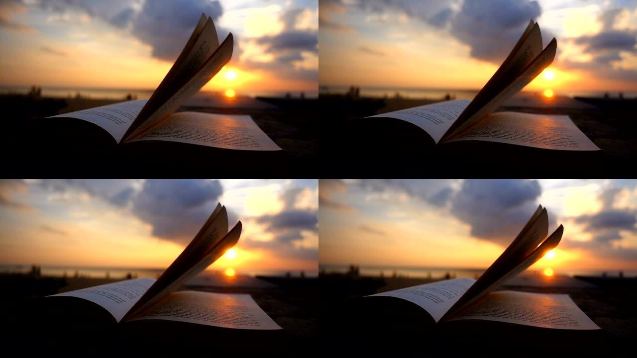 日落海滩上的书翻转