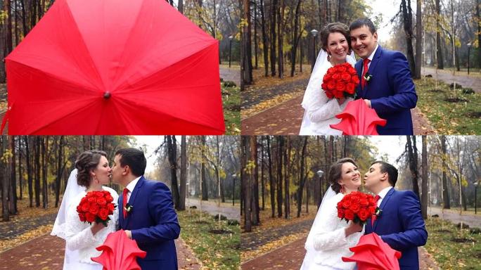 新婚夫妇撑红伞