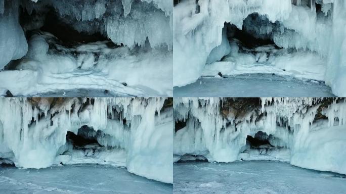 洞内的多莉万向节蓝色冰白尖锐的近距离飞溅绿松石闪亮的柱子长阳亮光。纯真的野生抽象未触及的神秘纹理。冬