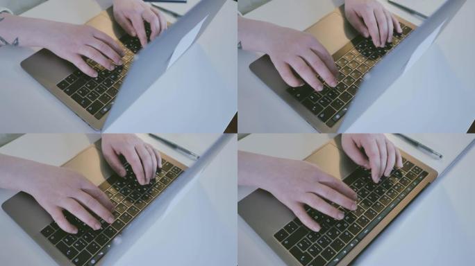 4k女性手型笔记本电脑键盘特写。无脸女人坐在沙发上自由职业者在家工作在社交网络上发表评论